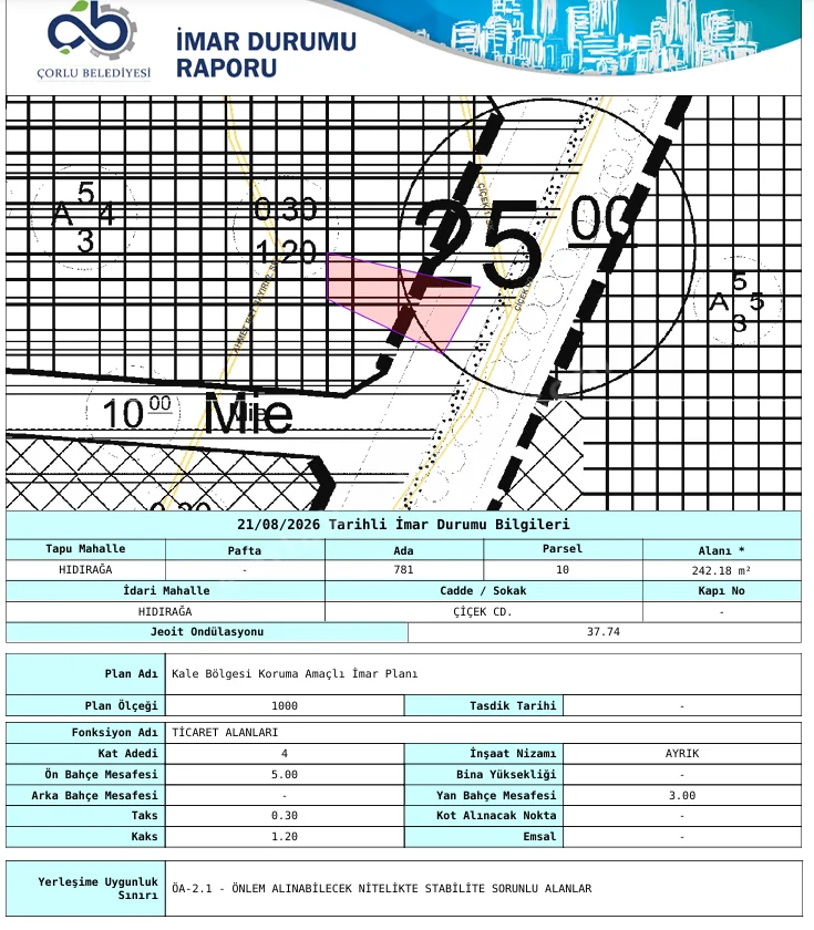 TURYAP'TAN ÇORLU HIDIRAĞA MAH. 242 m 4 KAT İMARLI SATILIK ARSA